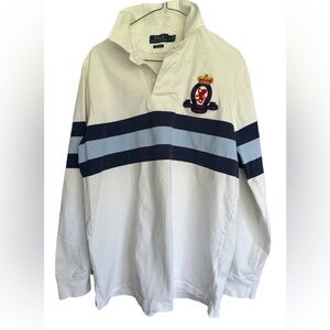 Polo Ralph Lauren White Rugby Shirt with Navy & Light Blue Stripes Medium